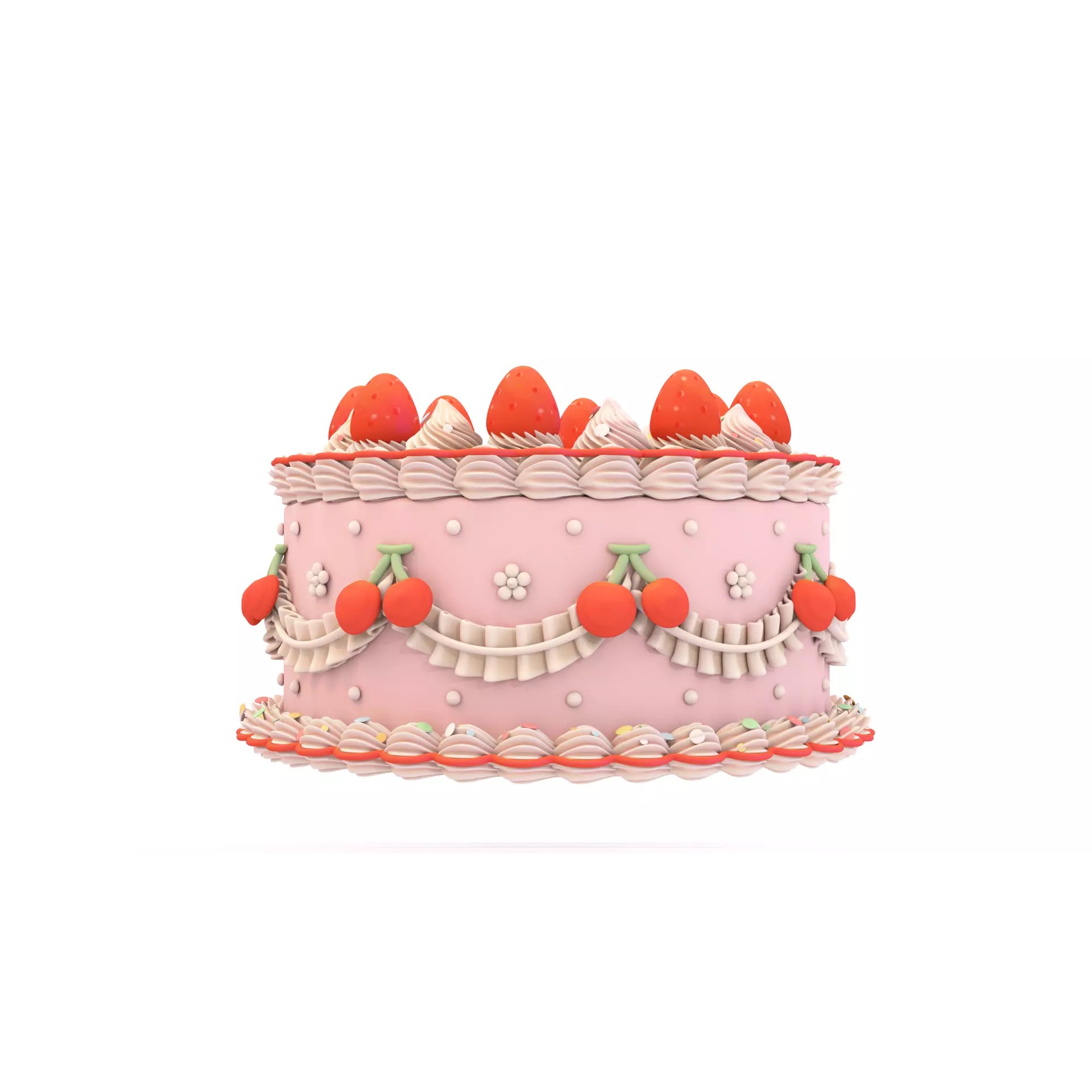 Strawberry Cherry Cake - Stylized Whole Cake 3D Model - View 4