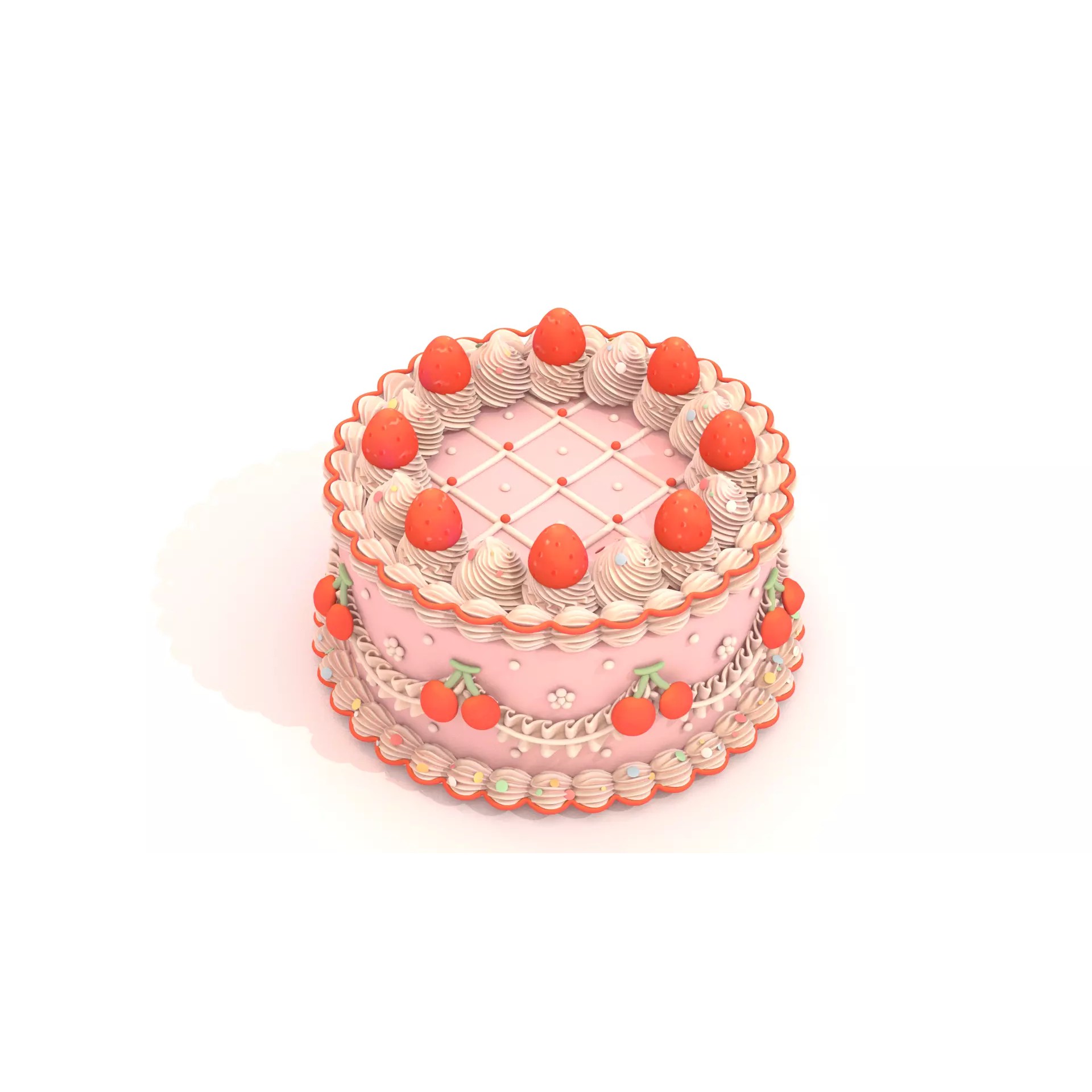 Strawberry Cherry Cake - Stylized Whole Cake 3D Model - View 5