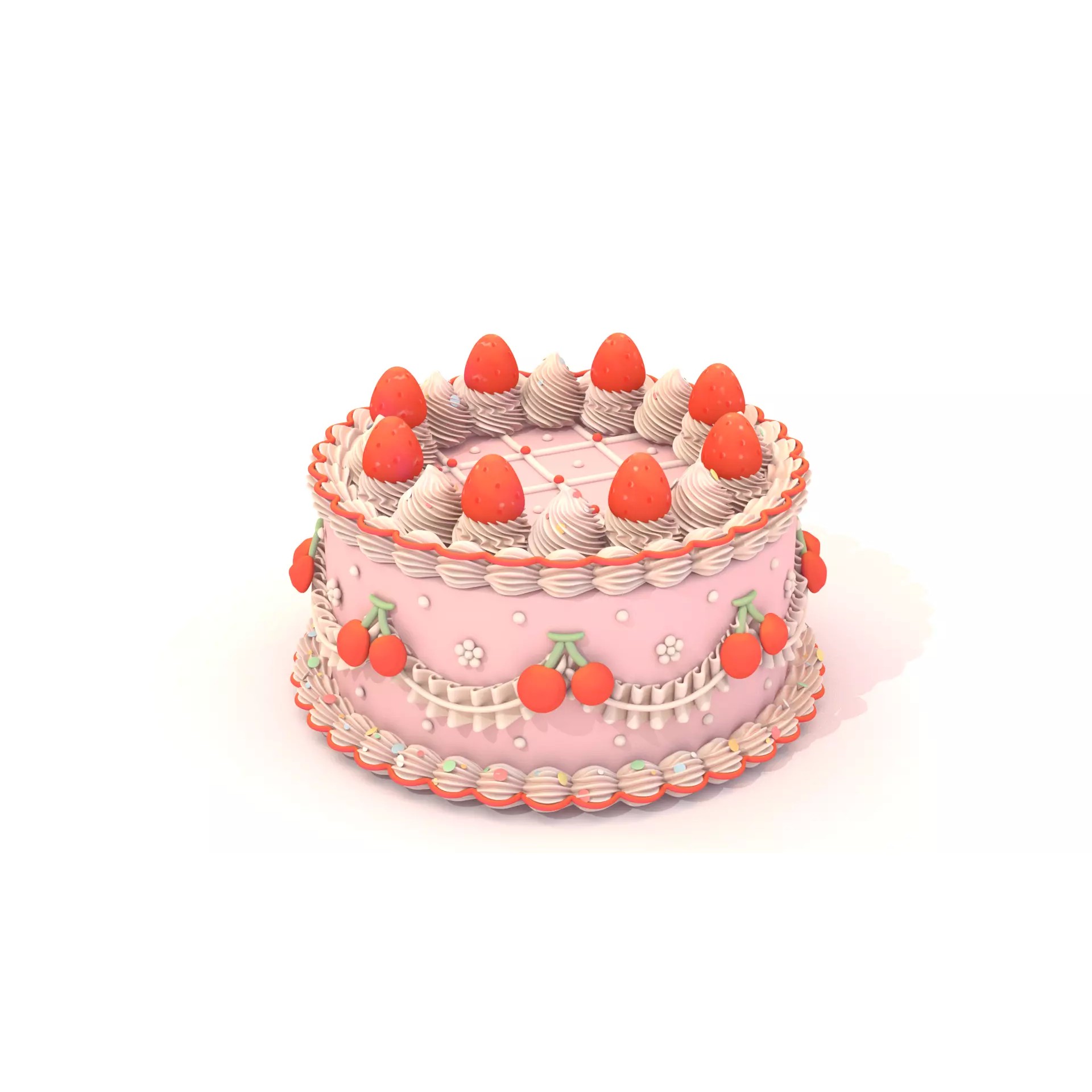 Strawberry Cherry Cake - Stylized Whole Cake 3D Model - View 6