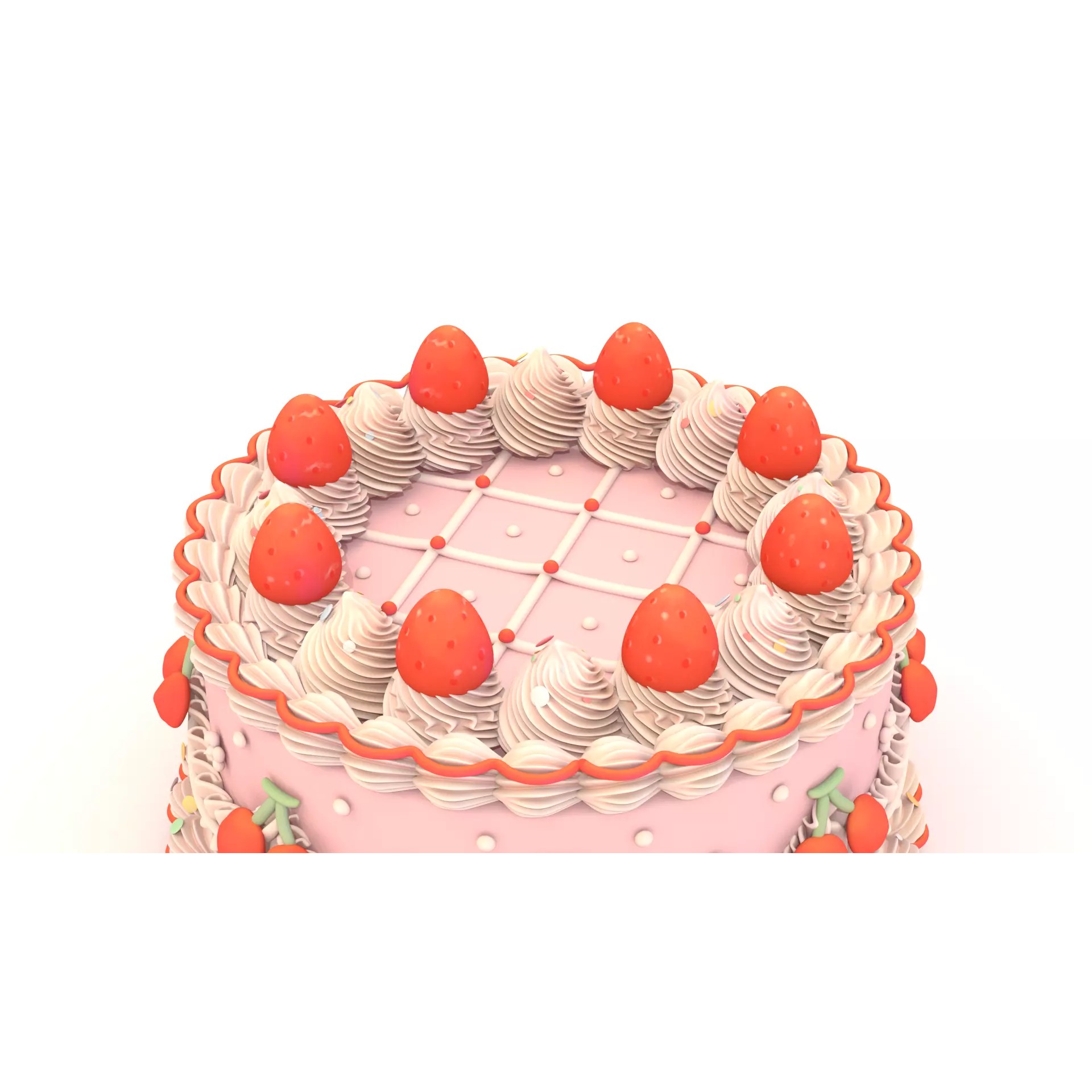 Strawberry Cherry Cake - Stylized Whole Cake 3D Model - View 7