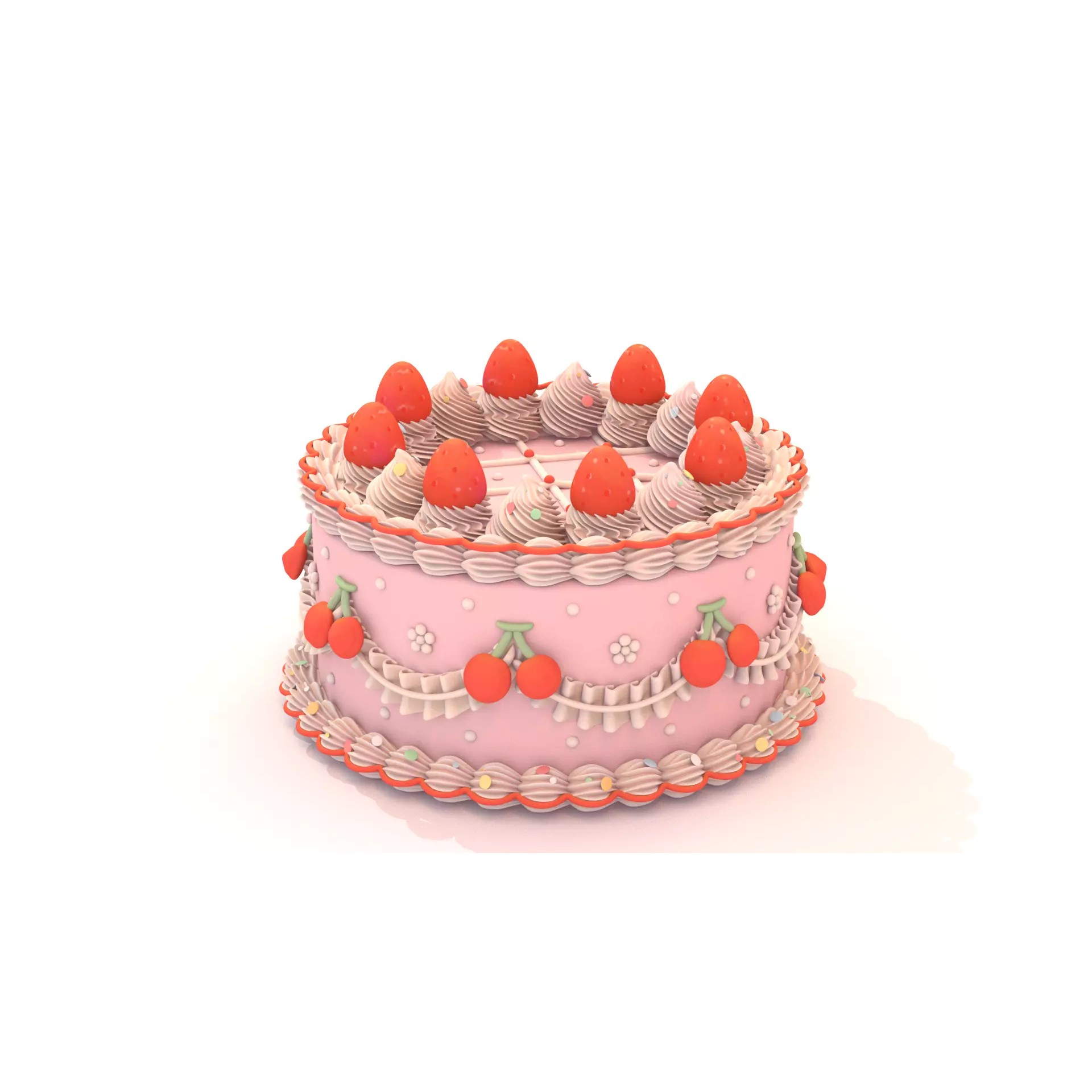 Strawberry Cherry Cake - Stylized Whole Cake 3D Model - View 8