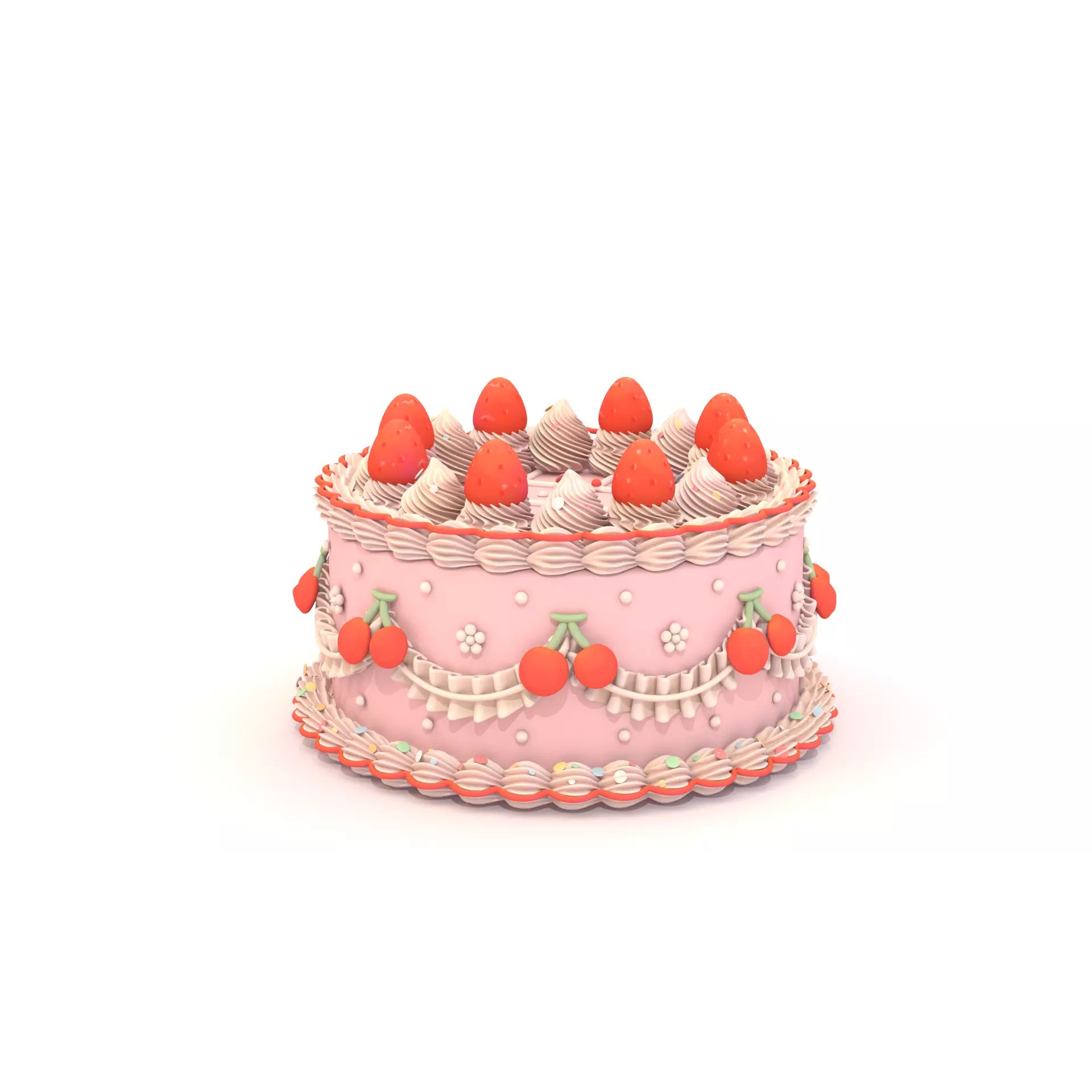 Strawberry Cherry Cake - Stylized Whole Cake 3D Model - View 9