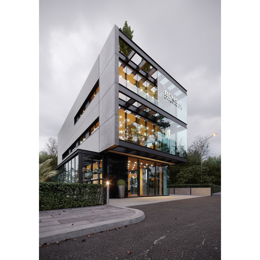 Office Building 3D Model – Modern Exterior with Cloudy & Sunny Scenes, FBX, OBJ