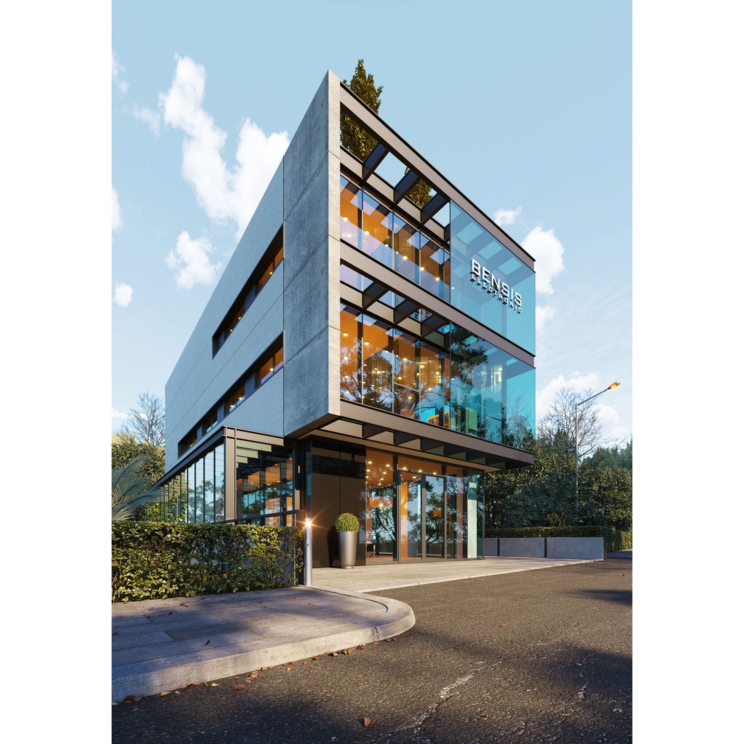 Office Building 3D Model – Modern Exterior with Cloudy & Sunny Scenes, FBX, OBJ - View 3