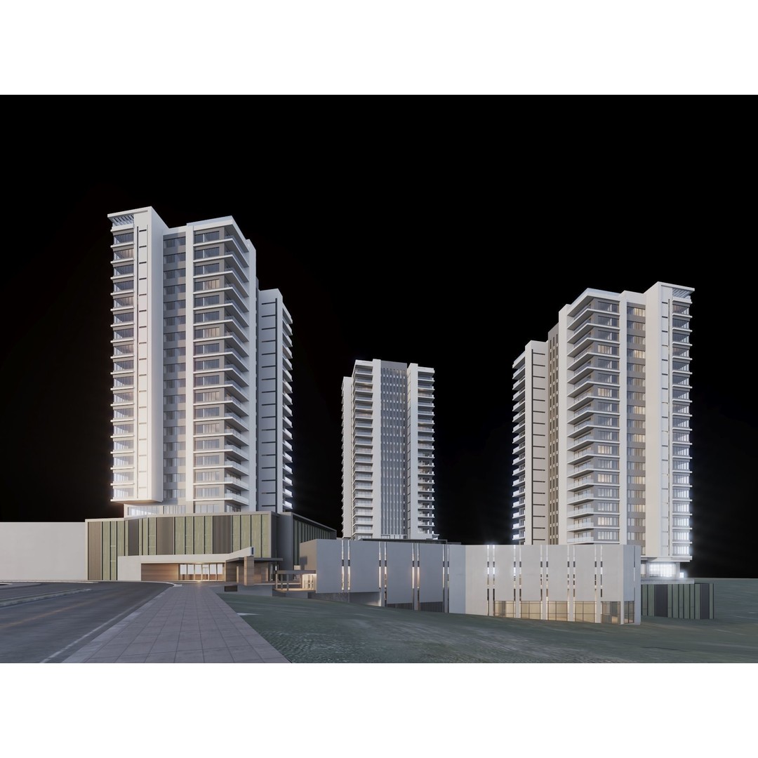 Mixed Use Building Towers 3D Model – Modern Design, FBX, OBJ, Archviz - View 8
