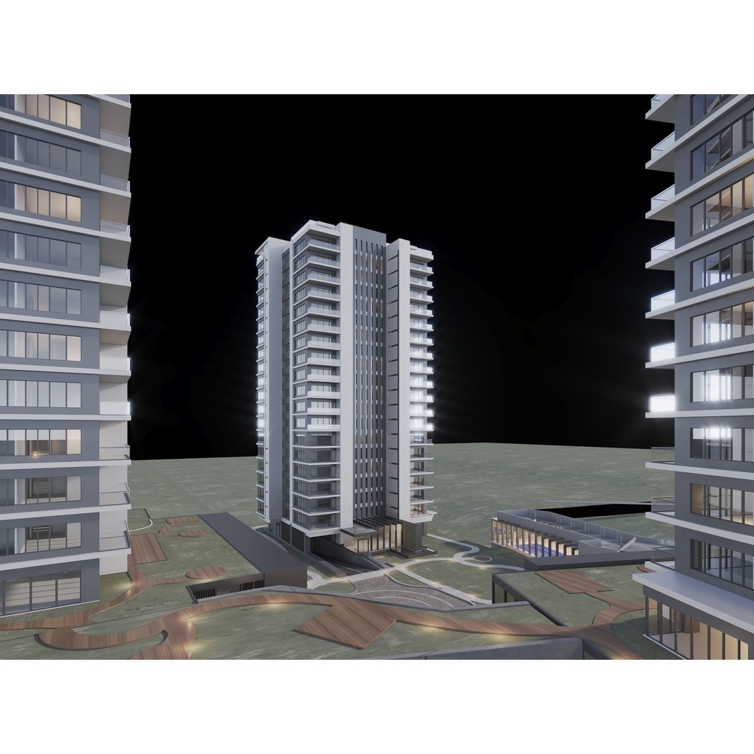 Mixed Use Building Towers 3D Model – Modern Design, FBX, OBJ, Archviz - View 9