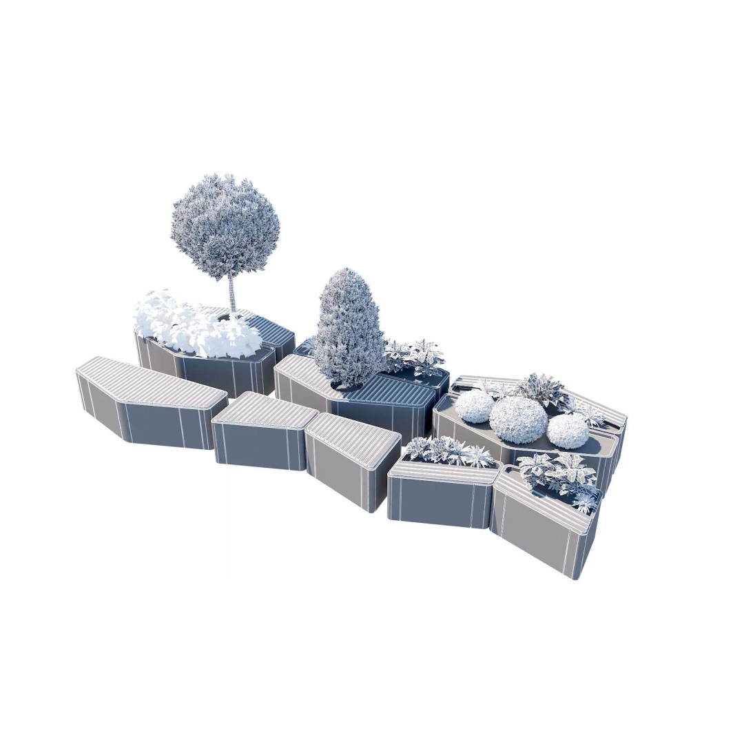 Modular Urban Furniture 3D Model – Low Poly Outdoor Seating with Topiary