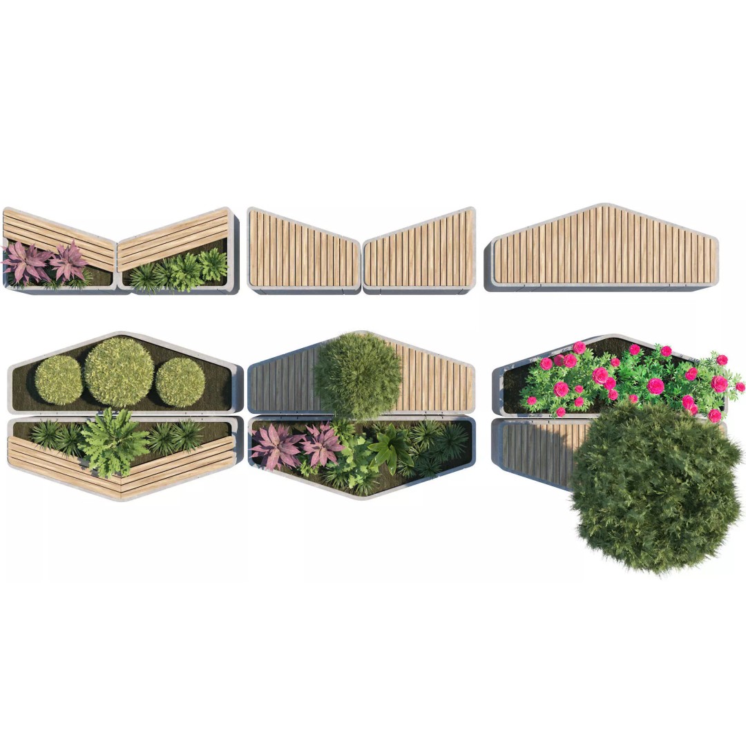 Modular Urban Furniture 3D Model – Low Poly Outdoor Seating with Topiary - View 2