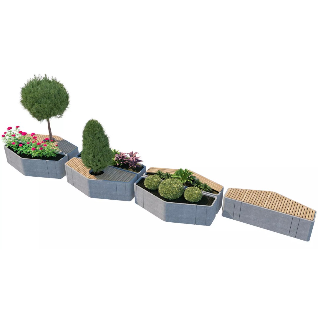 Modular Urban Furniture 3D Model – Low Poly Outdoor Seating with Topiary - View 3