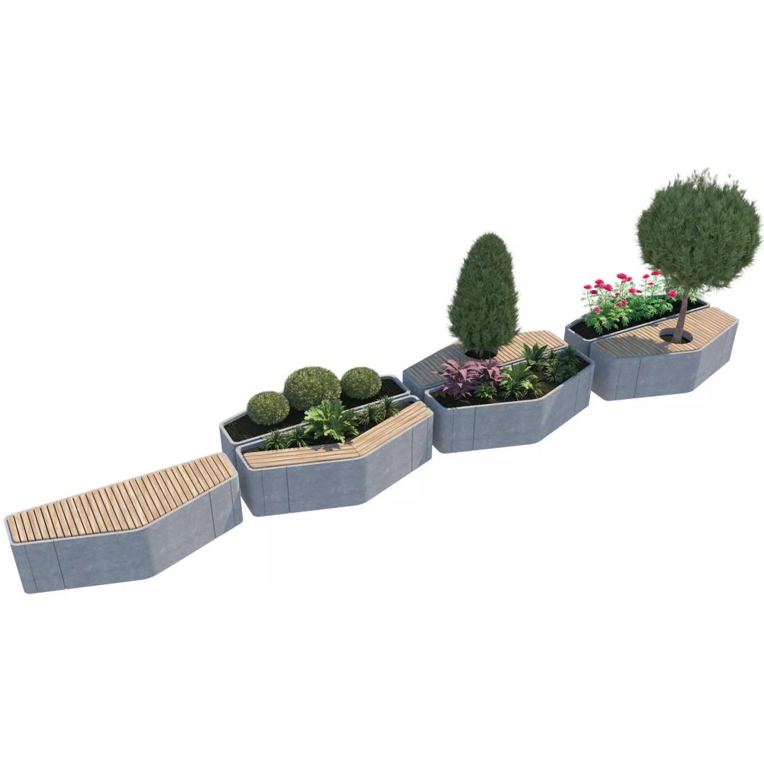 Modular Urban Furniture 3D Model – Low Poly Outdoor Seating with Topiary - View 4