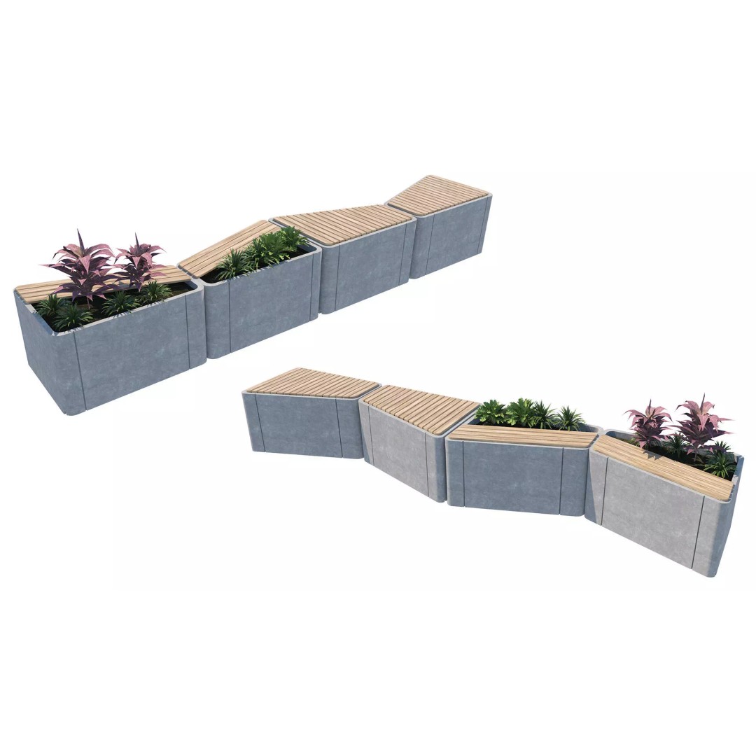 Modular Urban Furniture 3D Model – Low Poly Outdoor Seating with Topiary - View 5
