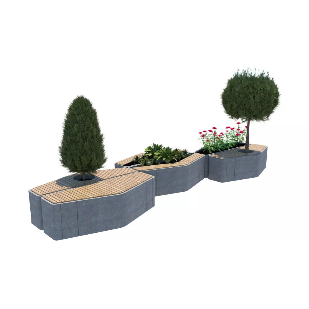 Modular Urban Furniture 3D Model – Low Poly Outdoor Seating with Topiary - View 6