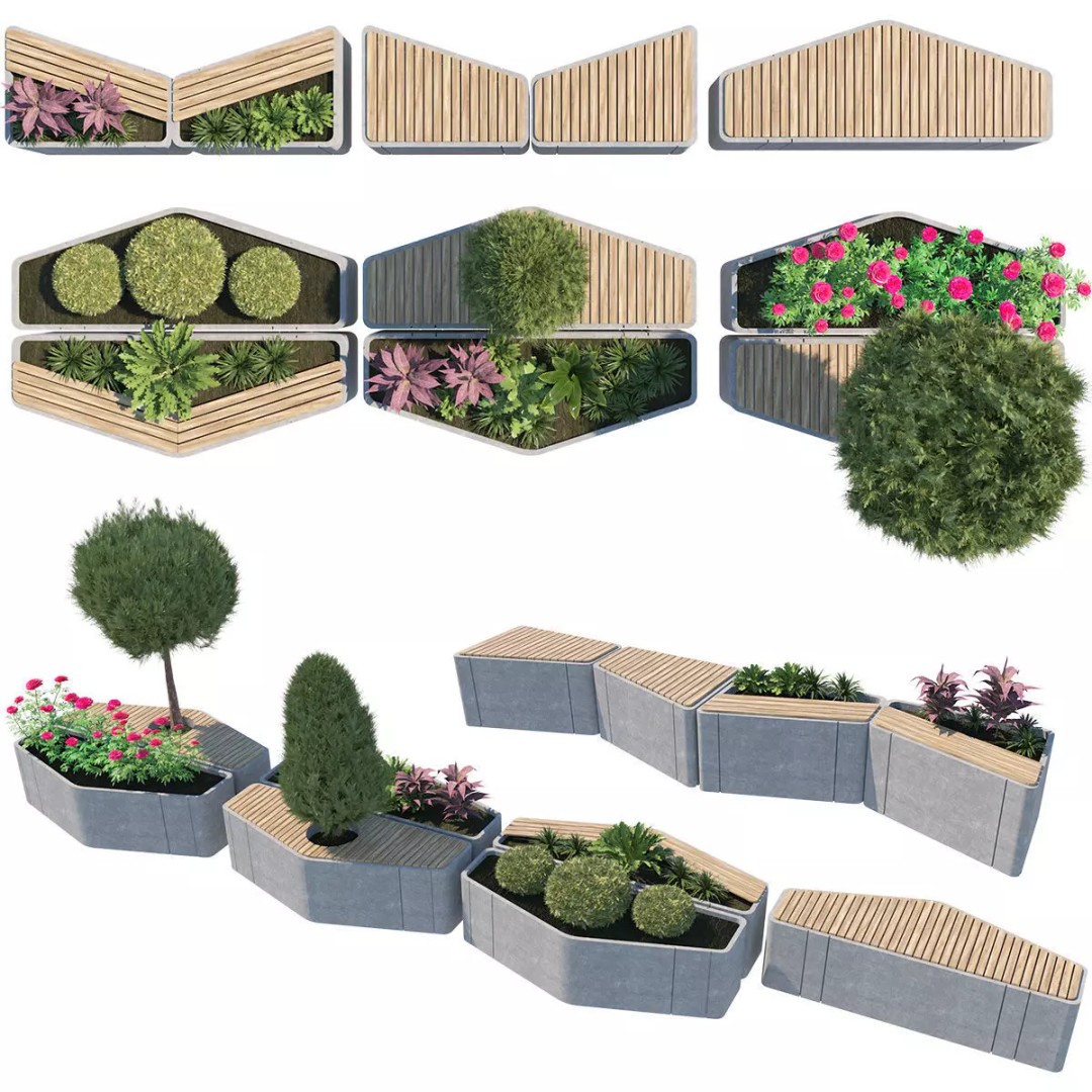 Modular Urban Furniture 3D Model – Low Poly Outdoor Seating with Topiary - View 7