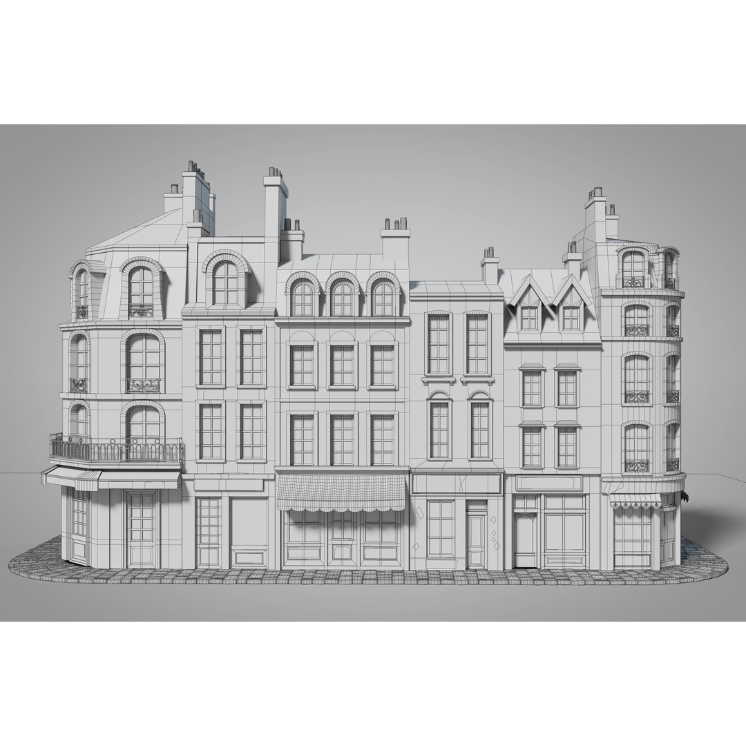 Cartoon City Facades 3D Model – Low Poly European Style, PBR Textures - View 10