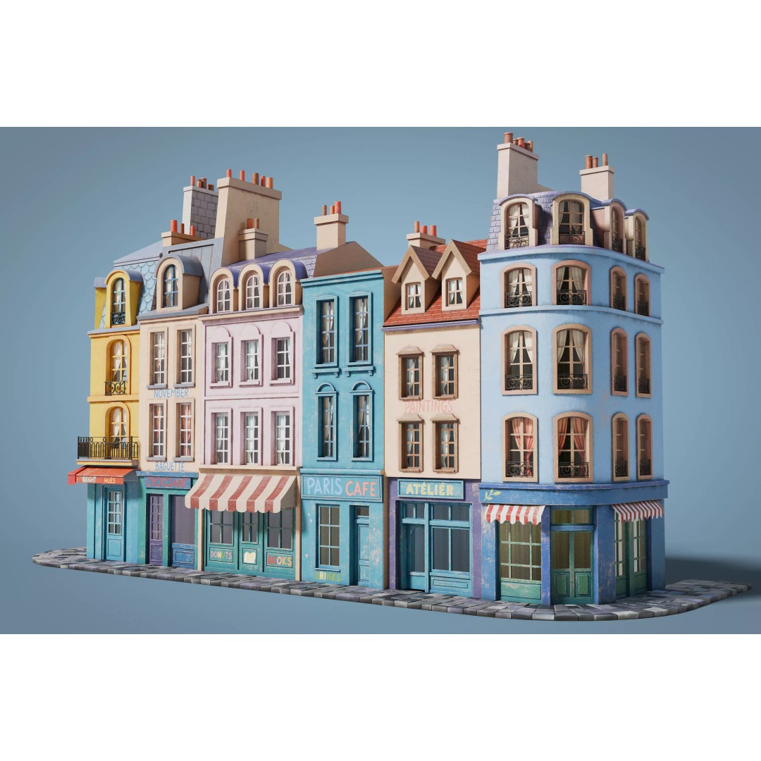 Cartoon City Facades 3D Model – Low Poly European Style, PBR Textures - View 2