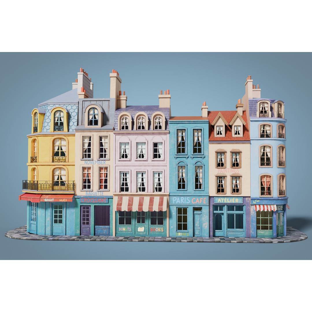 Cartoon City Facades 3D Model – Low Poly European Style, PBR Textures - View 3