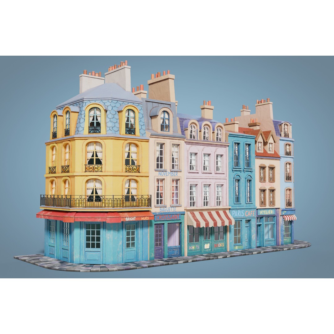Cartoon City Facades 3D Model – Low Poly European Style, PBR Textures - View 4
