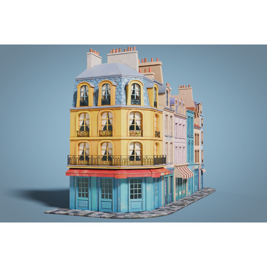 Cartoon City Facades 3D Model – Low Poly European Style, PBR Textures - View 5