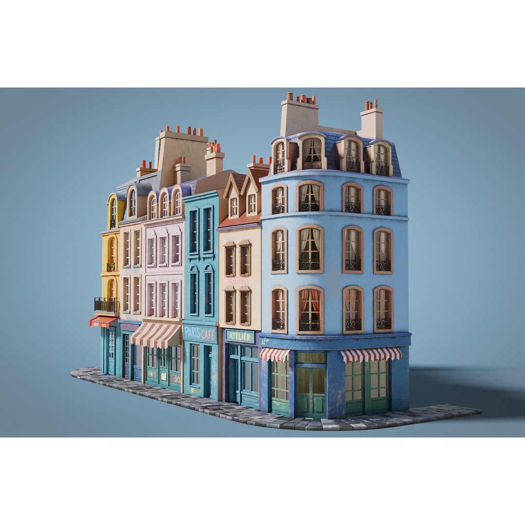 Cartoon City Facades 3D Model – Low Poly European Style, PBR Textures - View 6