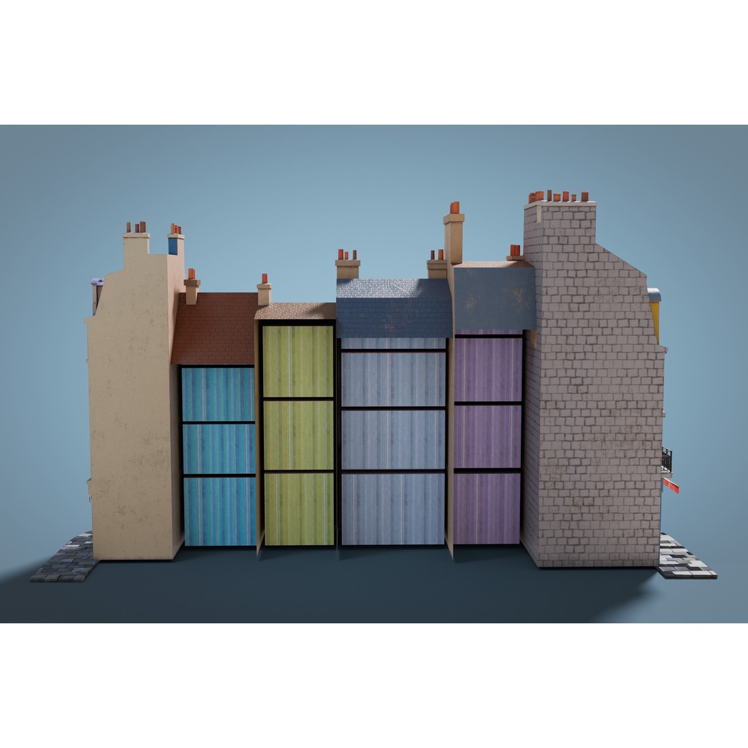 Cartoon City Facades 3D Model – Low Poly European Style, PBR Textures - View 7