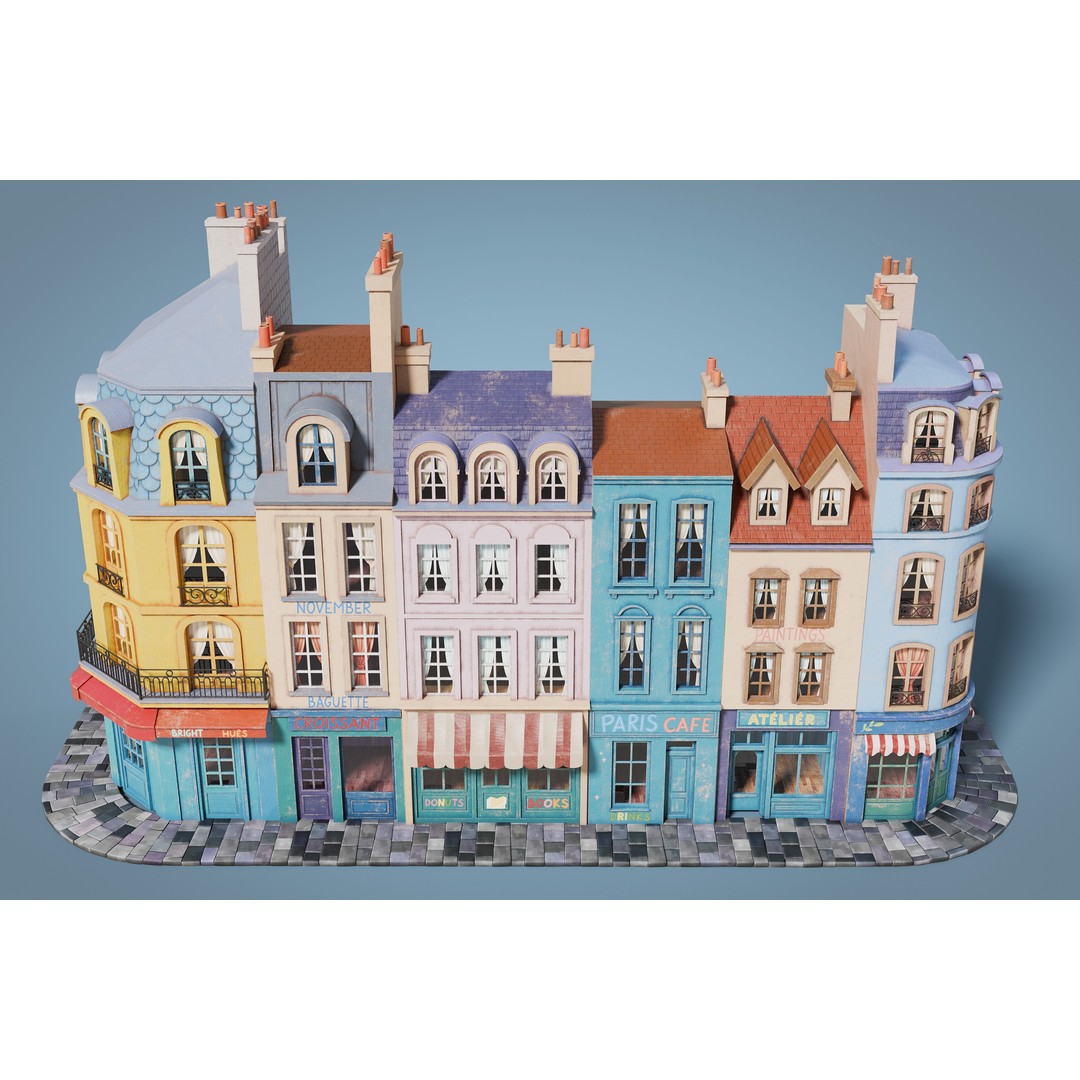 Cartoon City Facades 3D Model – Low Poly European Style, PBR Textures - View 8