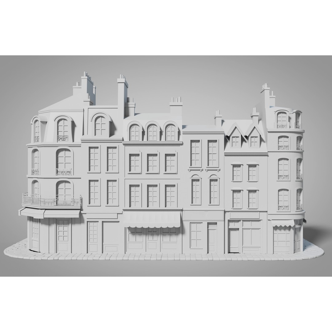 Cartoon City Facades 3D Model – Low Poly European Style, PBR Textures - View 9