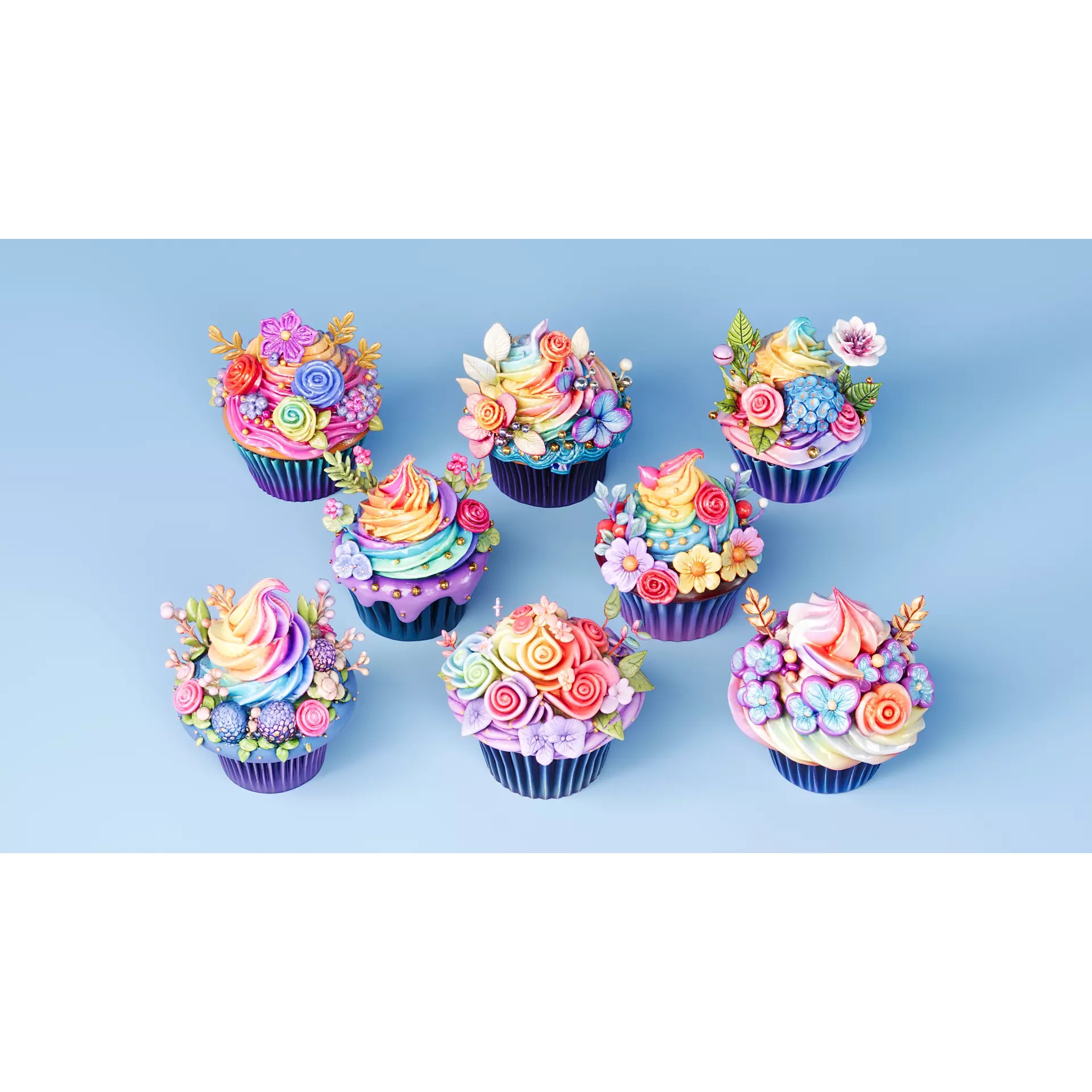 Flower Cupcakes - PBR Textured Game-Ready 3D Model - View 2