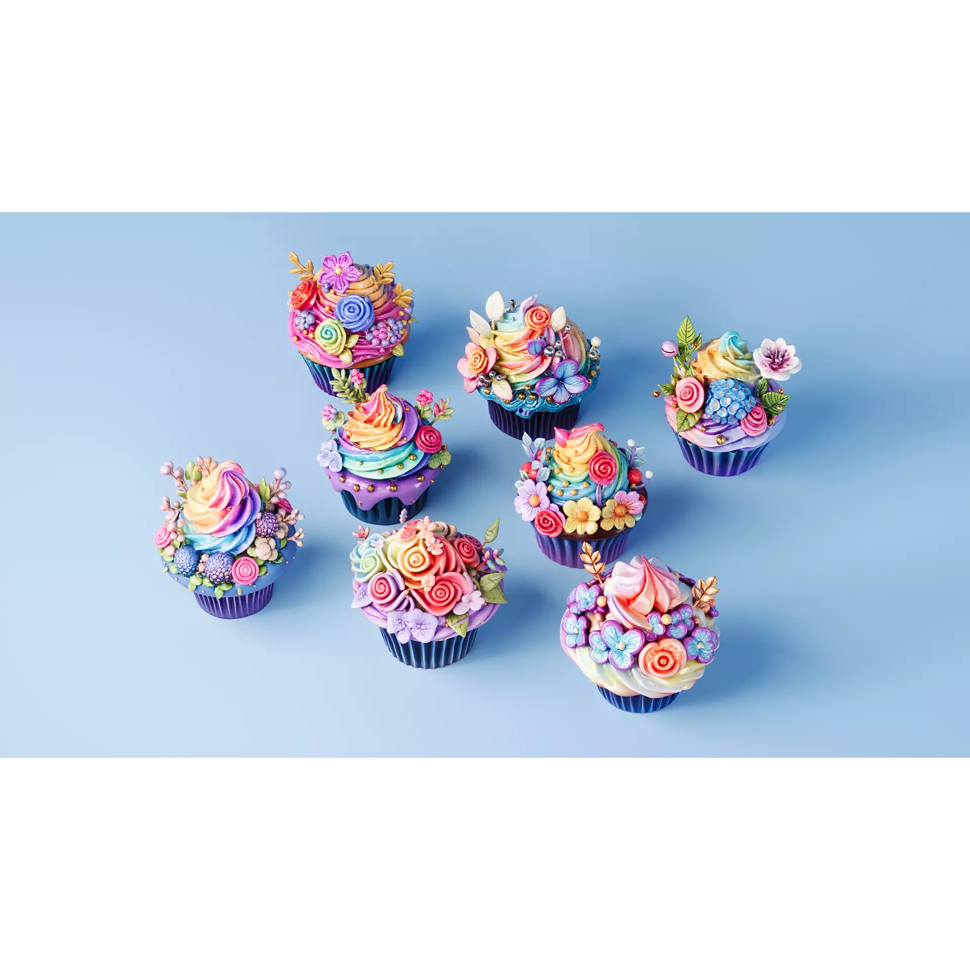 Flower Cupcakes - PBR Textured Game-Ready 3D Model - View 3