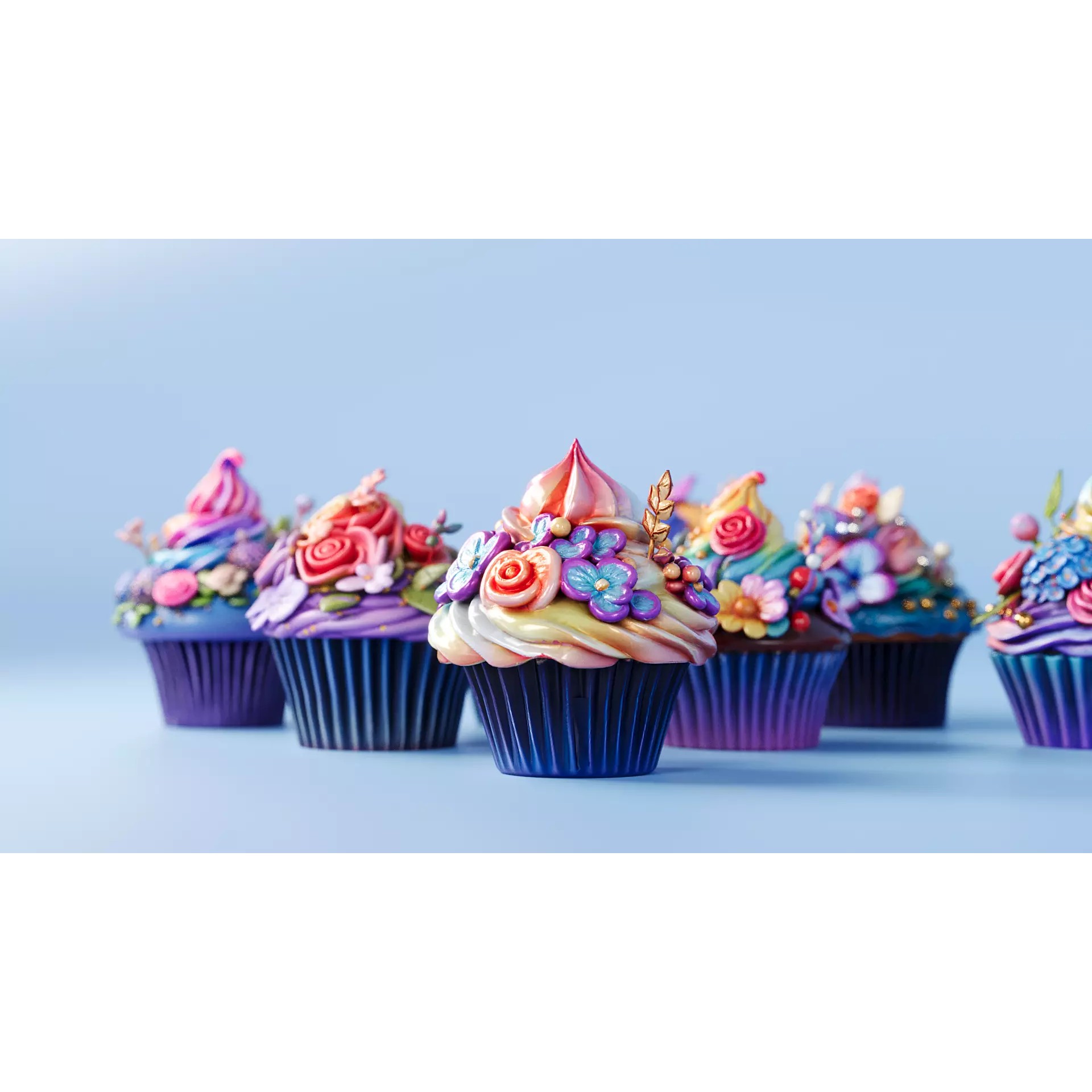 Flower Cupcakes - PBR Textured Game-Ready 3D Model - View 6