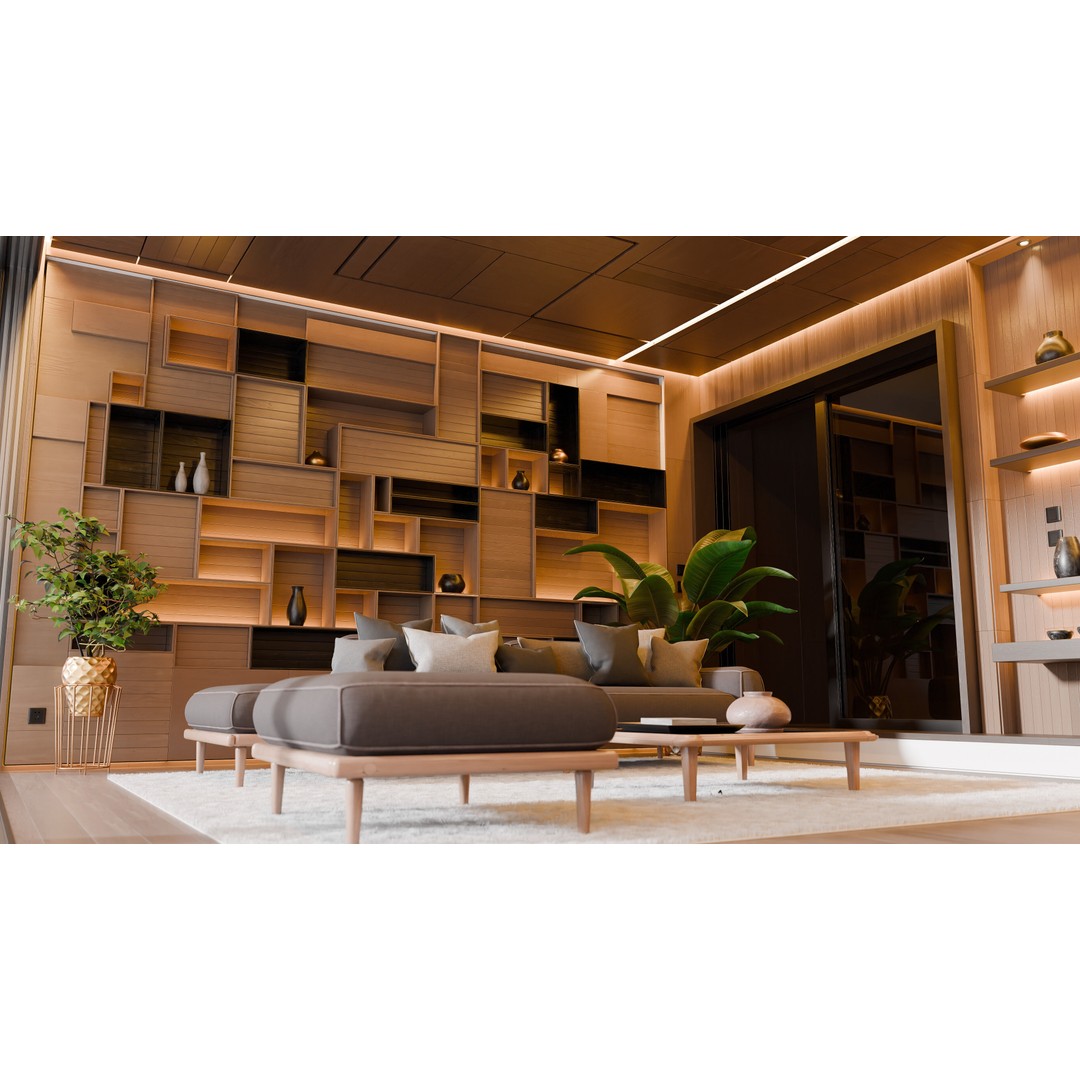 Modern Abstract Wooden Living Room 3D Model – High Poly PBR Asset, Blender, FBX - View 4