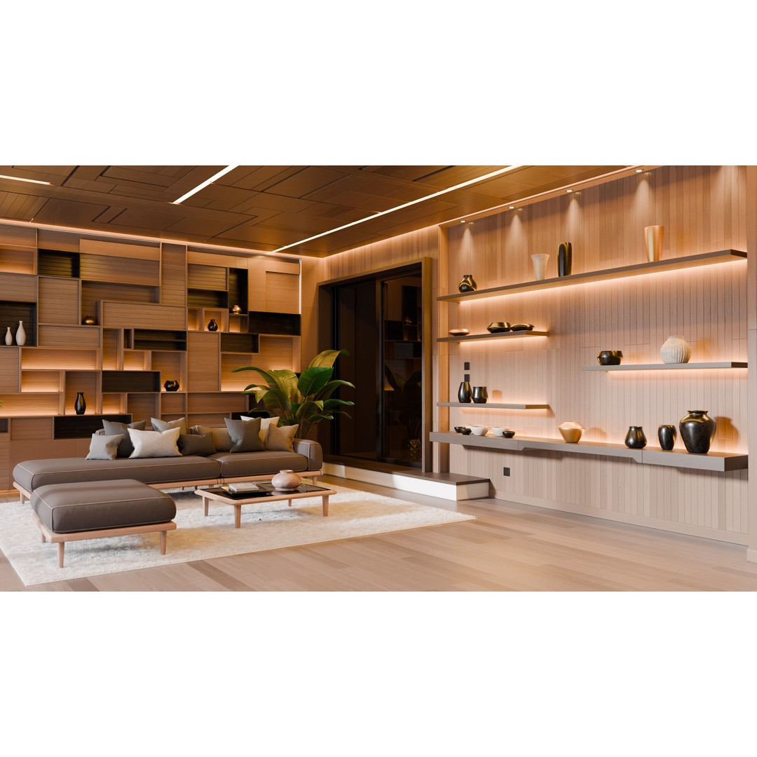 Modern Abstract Wooden Living Room 3D Model – High Poly PBR Asset, Blender, FBX - View 6