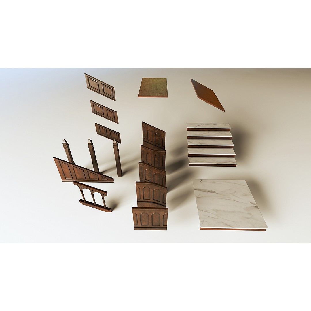 Wooden Staircase 3D Model – Vintage Modular Design, FBX - View 12
