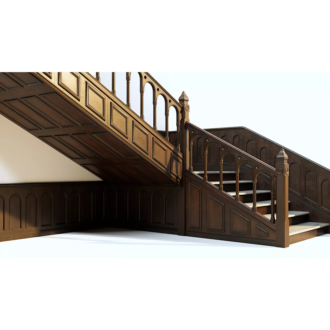 Wooden Staircase 3D Model – Vintage Modular Design, FBX - View 2
