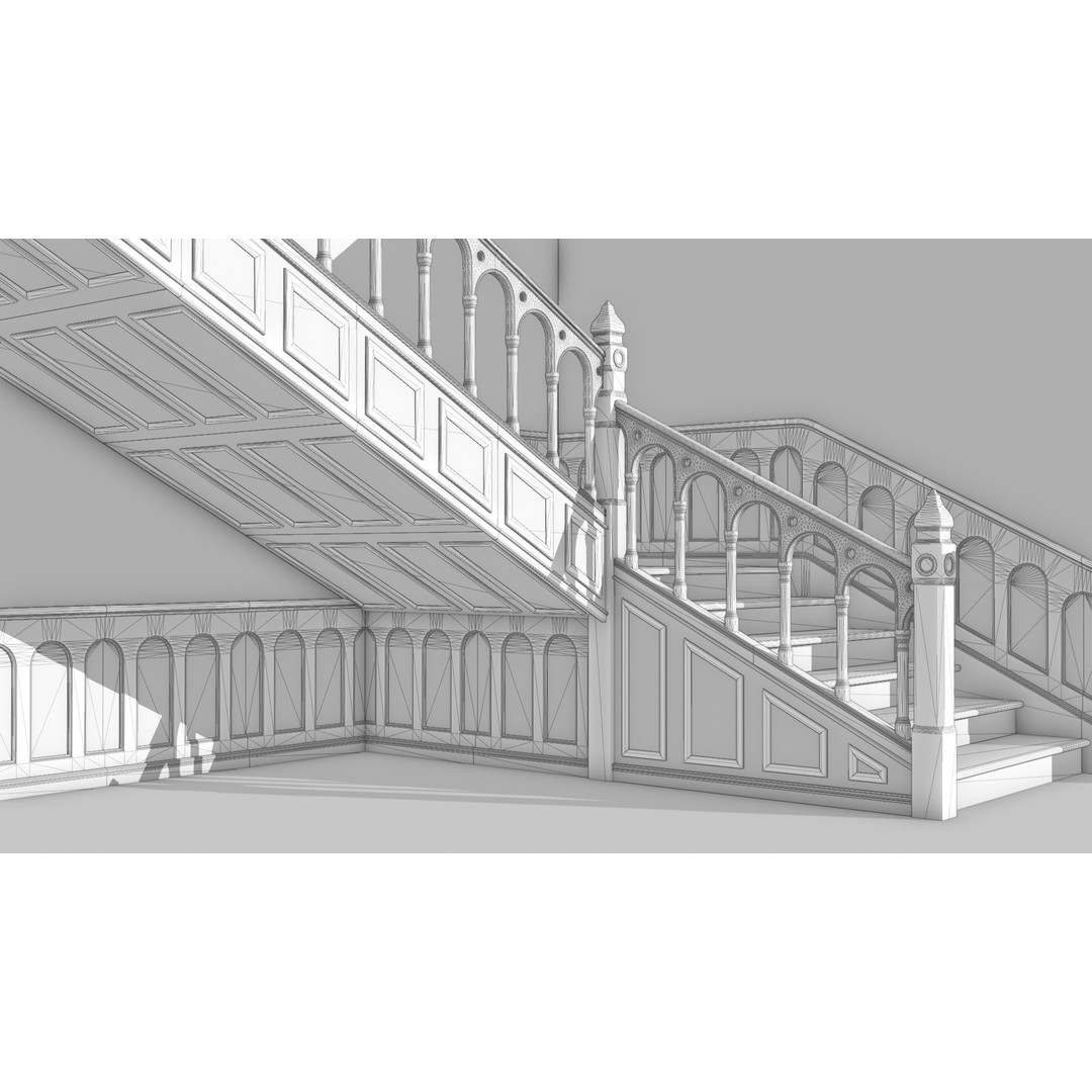 Wooden Staircase 3D Model – Vintage Modular Design, FBX - View 3