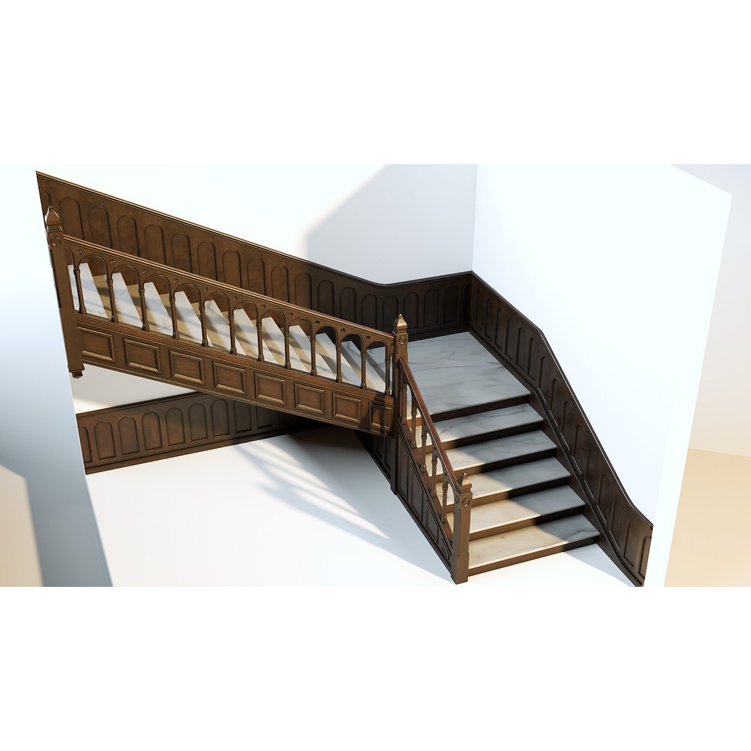 Wooden Staircase 3D Model – Vintage Modular Design, FBX - View 4