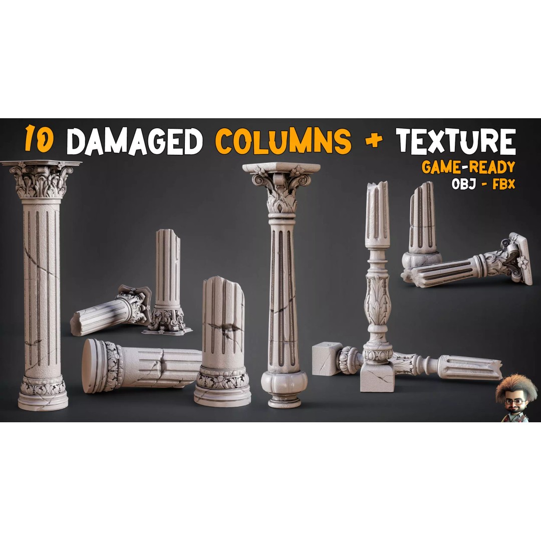Damaged Columns 3D Model – Low Poly Game Asset with 4K Textures, FBX, OBJ - View 2
