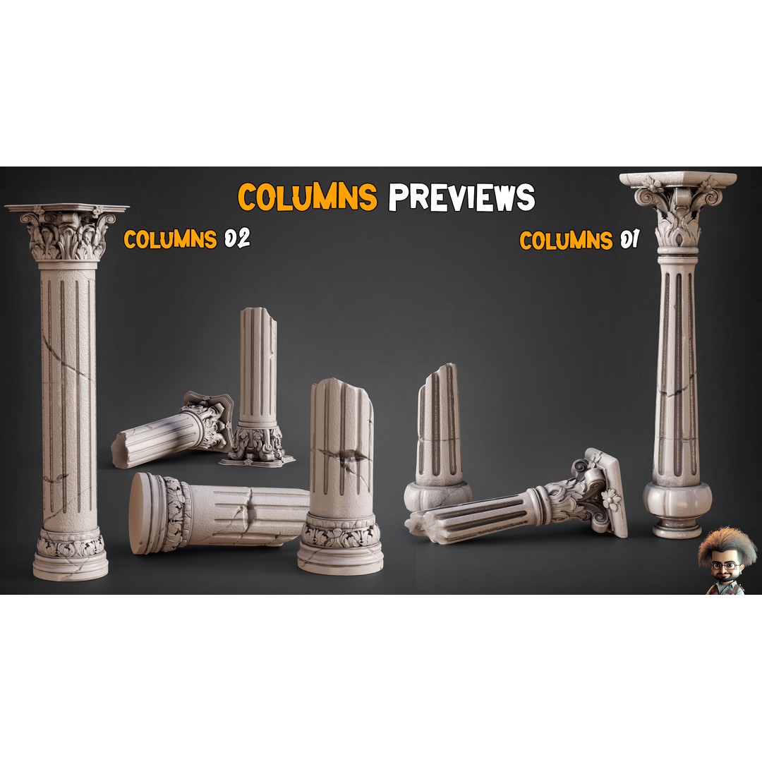Damaged Columns 3D Model – Low Poly Game Asset with 4K Textures, FBX, OBJ - View 3