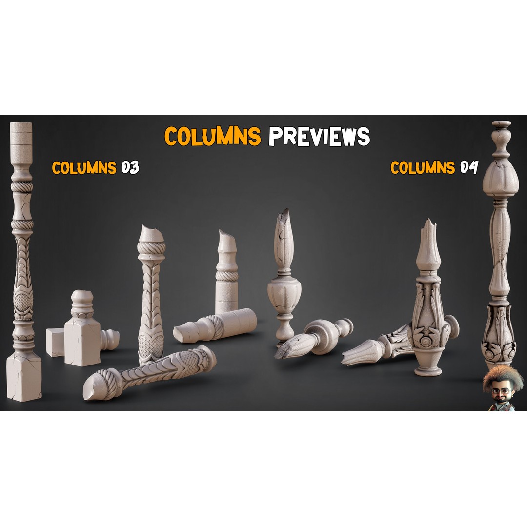 Damaged Columns 3D Model – Low Poly Game Asset with 4K Textures, FBX, OBJ - View 4