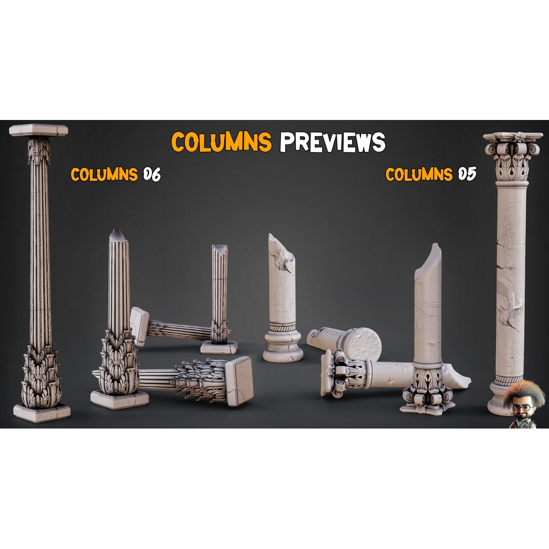 Damaged Columns 3D Model – Low Poly Game Asset with 4K Textures, FBX, OBJ - View 5