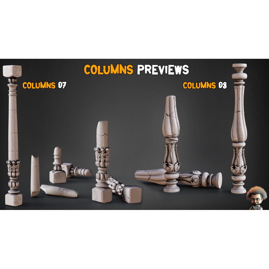 Damaged Columns 3D Model – Low Poly Game Asset with 4K Textures, FBX, OBJ - View 6