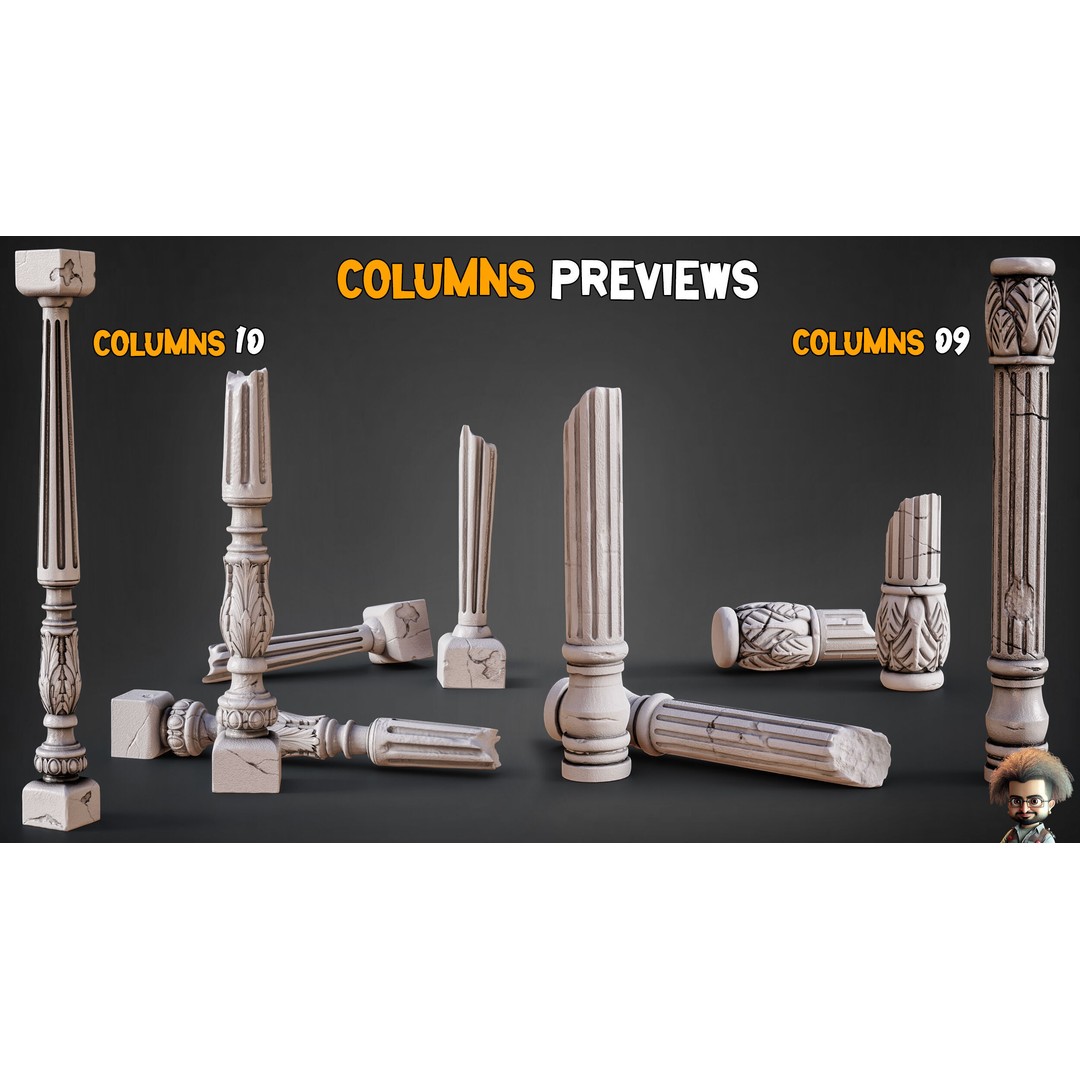 Damaged Columns 3D Model – Low Poly Game Asset with 4K Textures, FBX, OBJ - View 7