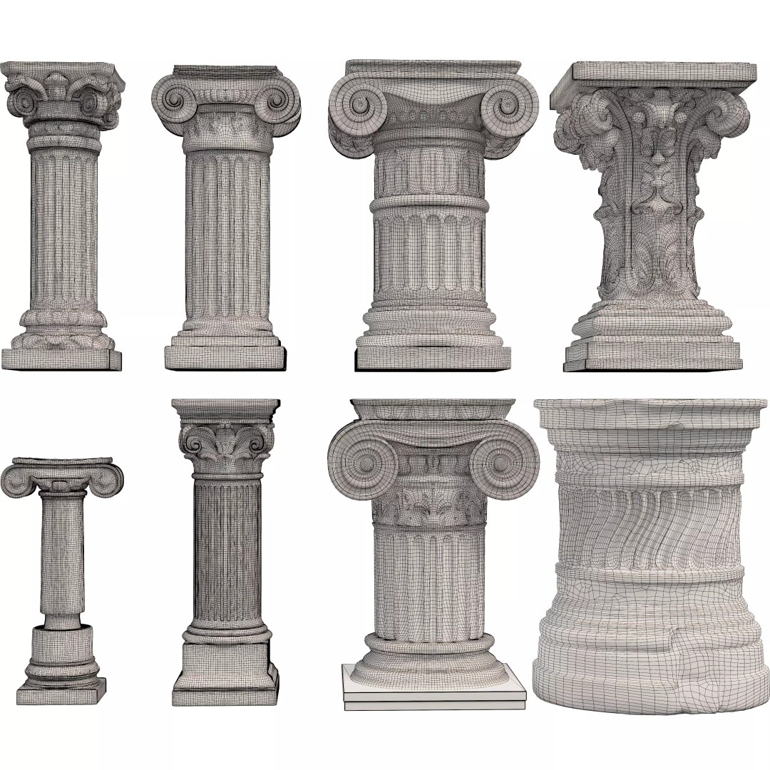 Classical Architectural Columns 3D Model – Doric, Ionic, Corinthian, FBX
