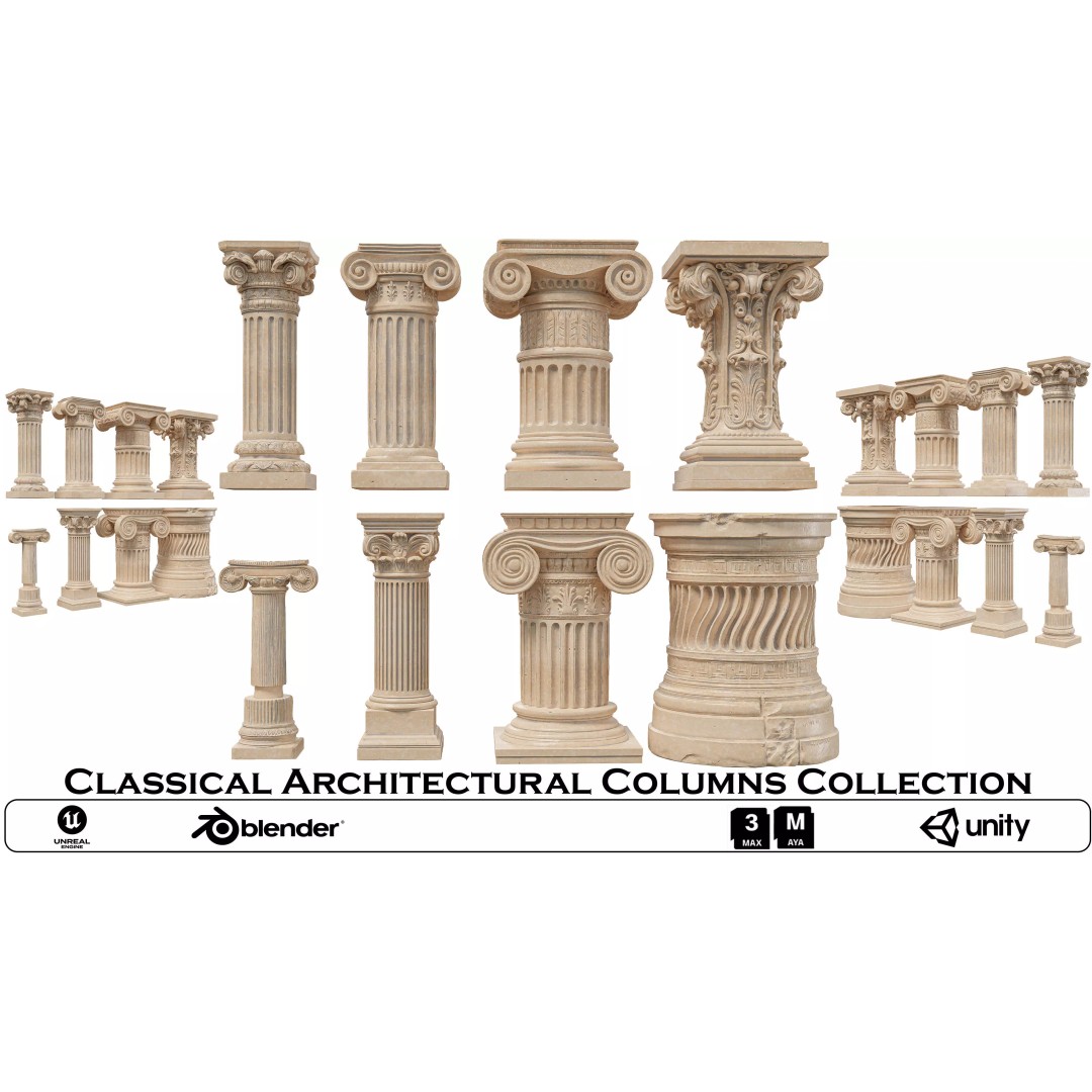 Classical Architectural Columns 3D Model – Doric, Ionic, Corinthian, FBX - View 2