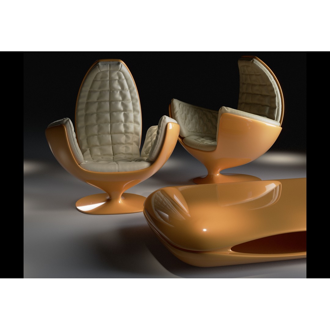 70s Armchair 3D Model – High Poly Interior Asset with Coffee Table and Rug - View 3