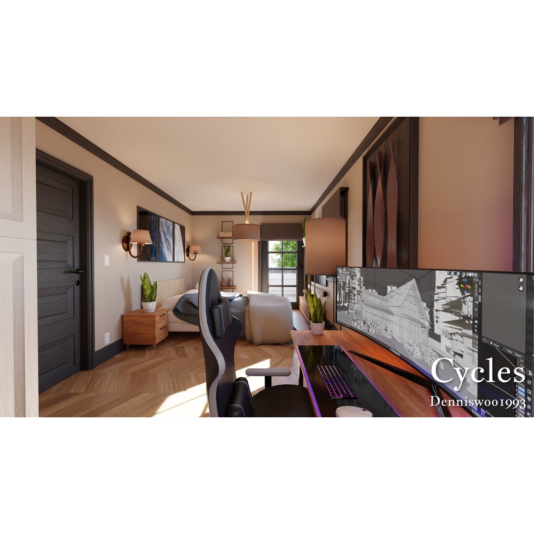 Classic American House 3D Model – Low Poly Furnished Interior, Blender - View 20