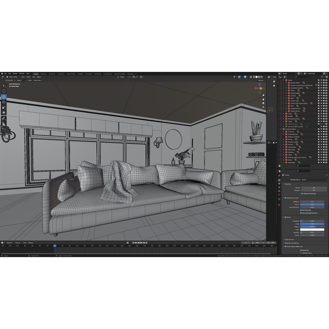 Classic American House 3D Model – Low Poly Furnished Interior, Blender - View 50