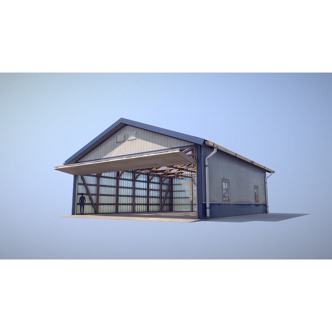 Airfield Hangar 3D Model – Low Poly Game Asset, FBX, OBJ - View 4