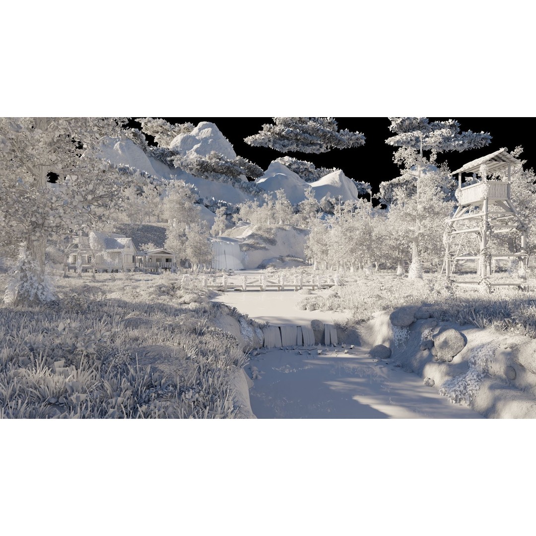 Waterfall Village Scene 3D Model – High Poly Environment for Blender