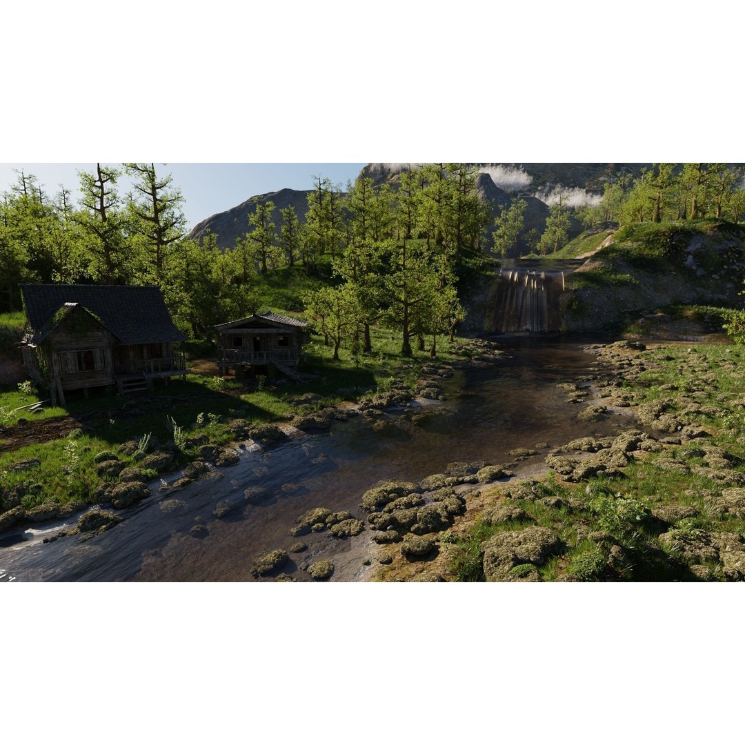 Waterfall Village Scene 3D Model – High Poly Environment for Blender - View 11