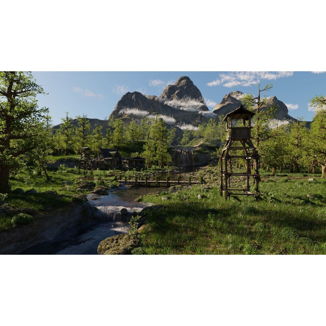 Waterfall Village Scene 3D Model – High Poly Environment for Blender - View 3